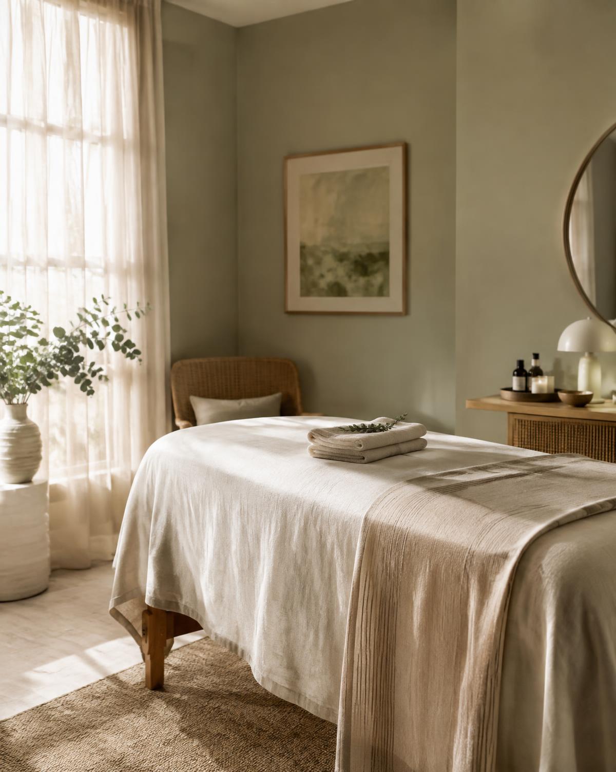 Calm, light-filled massage treatment room with linen-dressed table